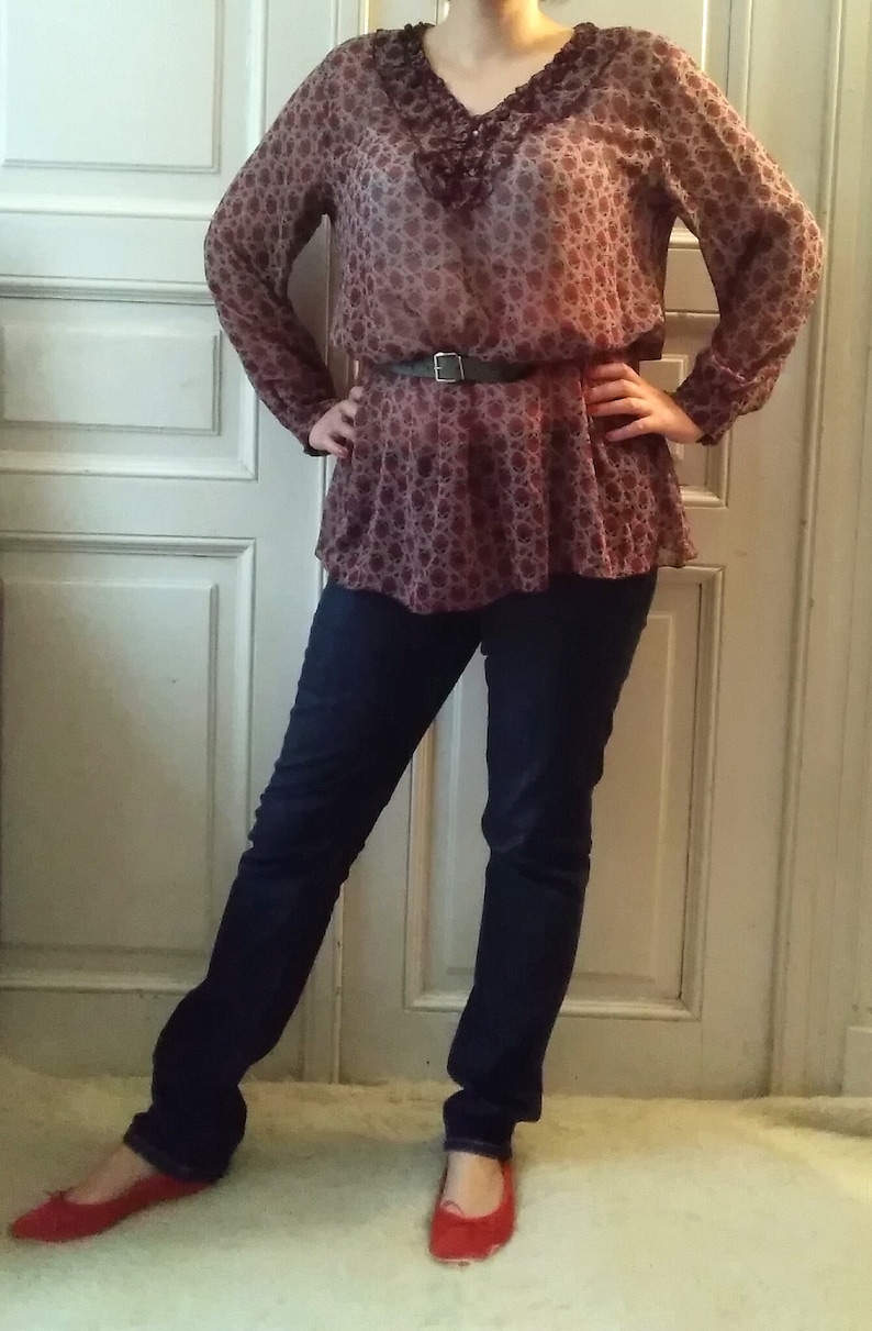 sheer mesh ruffled top floral print burgundy dark red color 90s long sleeve blouse