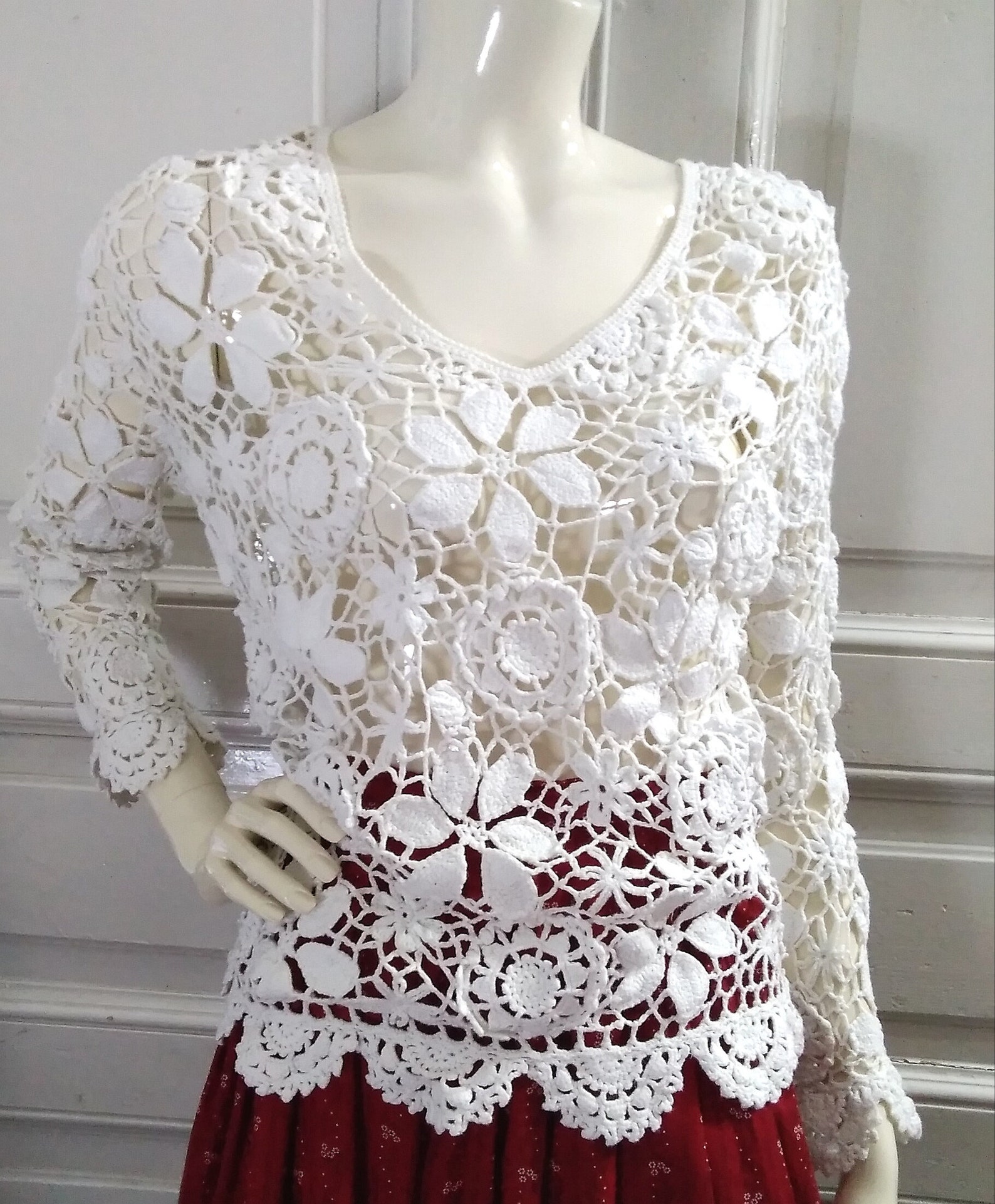 90s Cotton Lace Sweater Spring Jumper White Crochet Jumper Etsy
