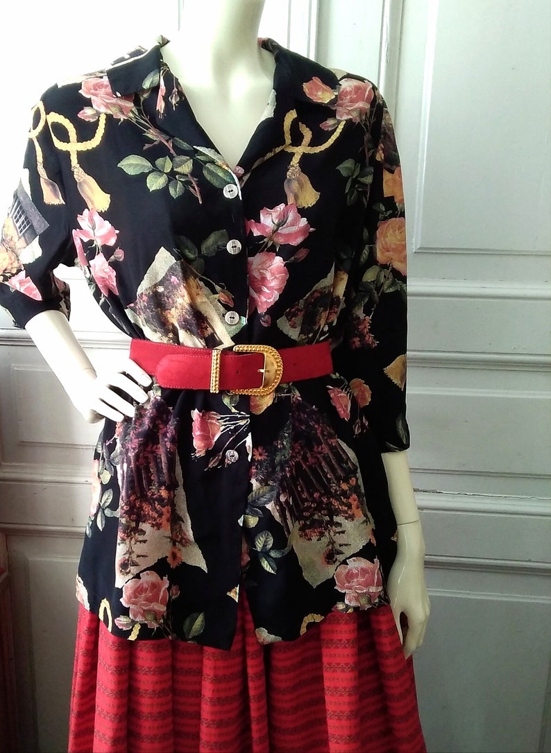 80s floral blouse red roses black print botanical blouse spring blouse 34 sleeve summer blouse vacation floral blouse viscose handmade