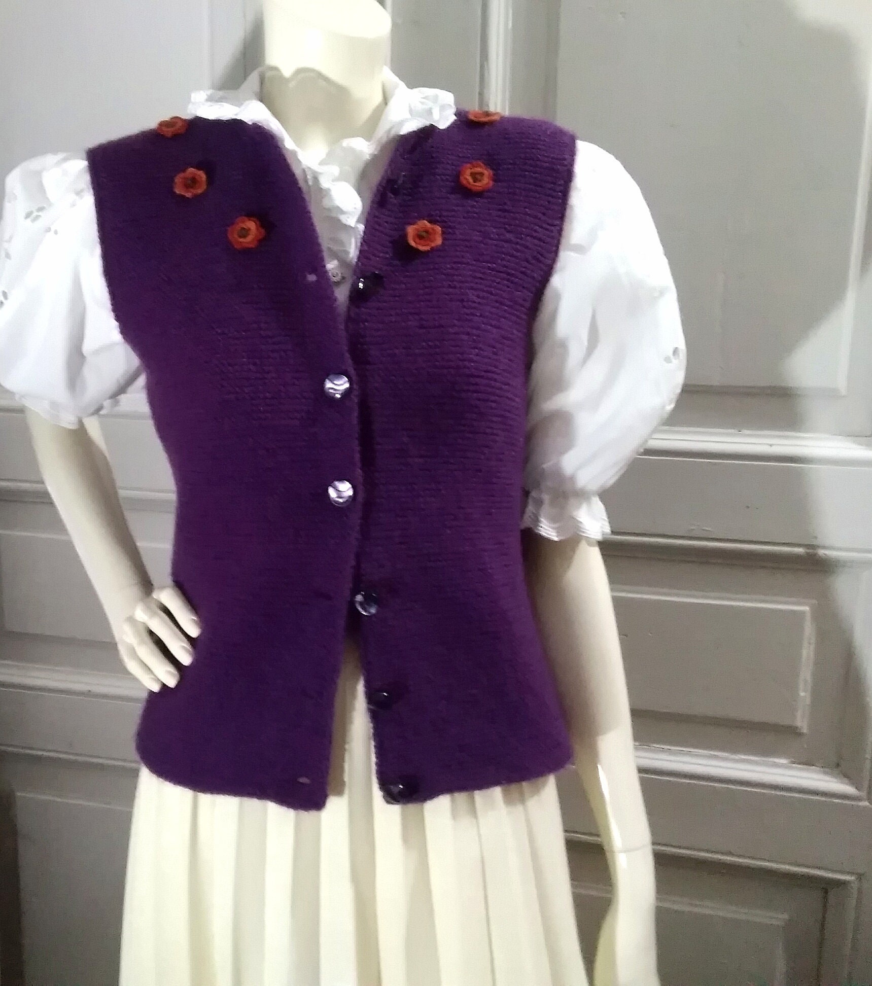 Dark Purple Knitted Vest Spring Vest Crochet Flowers Collar Etsy