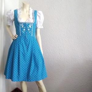 90s folk dress UK 12 size austrian trachten dress bavarian tyrolean dress sleeveless dirndl embellished dress blue cotton C&A alpine dress