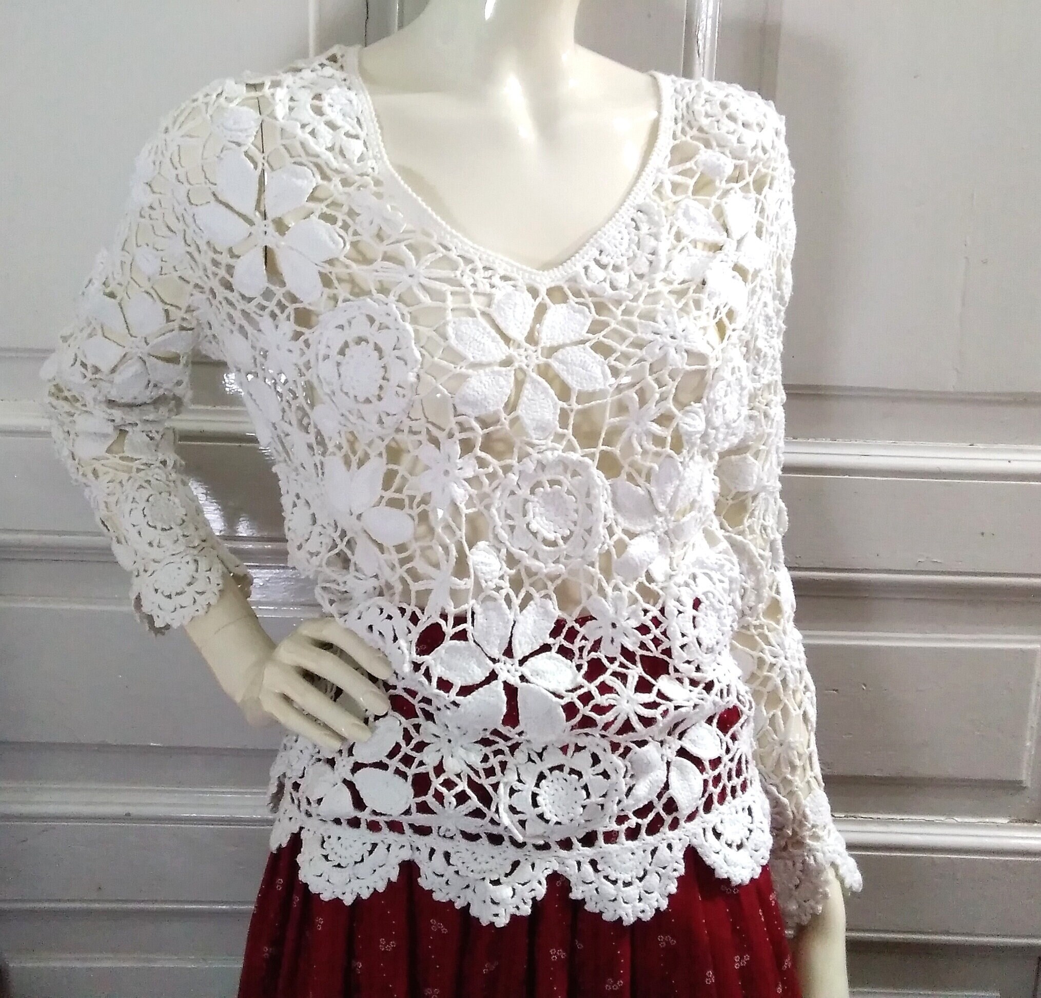 90s Cotton Lace Sweater Spring Jumper White Crochet Jumper Etsy