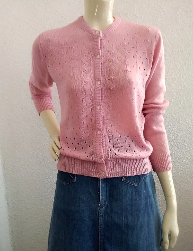 70s Pink Knit Cardigan, Floral Embroidery, Vintage Style - Etsy