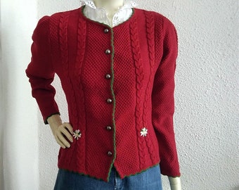 80s folk cardigan dark red floral embroidery cardigan trachten bavarian tyrolean spring cardigan austrian sweater puffy sleeve 40 size
