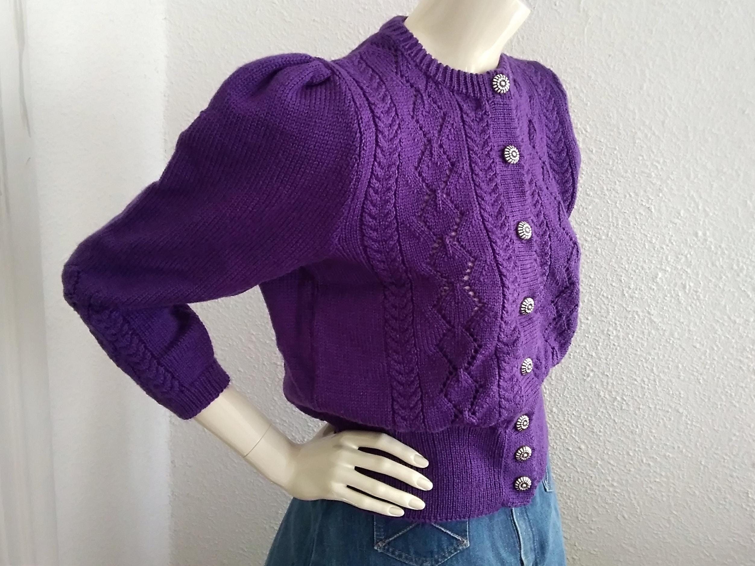 80s Eyelet Mauve Cardigan Spring Knitted Sweater Vivid Purple
