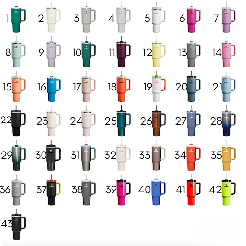 May include: A collection of 43 stainless steel tumblers with various colors and designs. The tumblers have a handle and a straw.