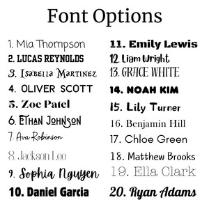May include: A list of 20 font options for names, numbered 1 through 20. Each name is written in a different font style.