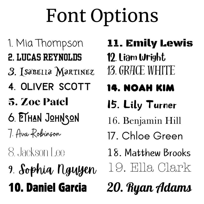 May include: A list of 20 font options for names, numbered 1 through 20. Each name is written in a different font style.