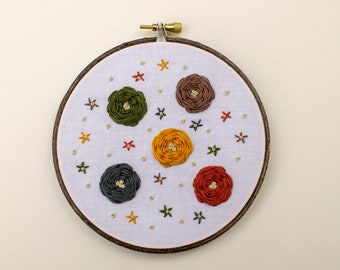 Rainbow Flowers on White 5" Embroidery Hoop