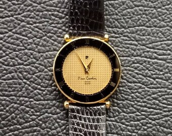 PIERRE CARDIN SWISS Chromachron Women's Watch Gold Plated with Black Lizard Band, Vintage