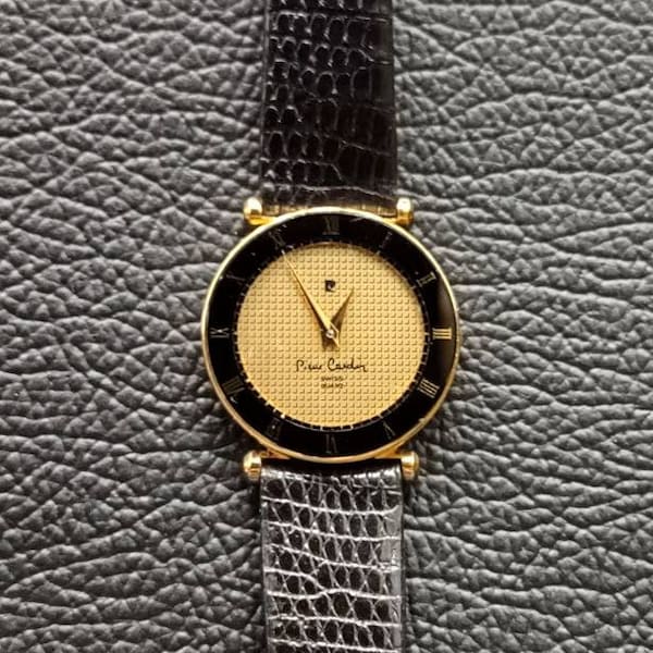 PIERRE CARDIN SWISS Chromachron Women's Watch Gold Plated with Black Lizard Band, Vintage