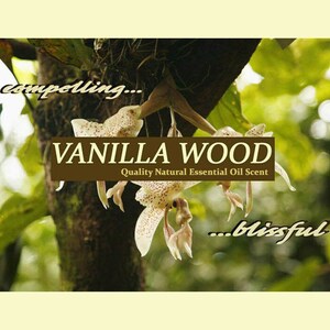 May include: A close-up of a white orchid flower with brown spots, growing on a tree branch. The text "Vanilla Wood Quality Natural Essential Oil Scent" is displayed on a brown banner.