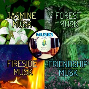 May include: Four 2 ml sample bottles of essential oil blends labelled "MUSKS" with the scents "Jasmine Musk", "Forest Musk", "Fireside Musk", and "Friendship Musk".