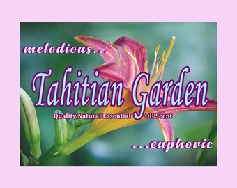 Puede incluir: Primer plano de una flor rosa y amarilla con el texto "melodious... Tahitian Garden Quality Natural Essential Oil Scent ...euphoric" sobre un fondo verde.