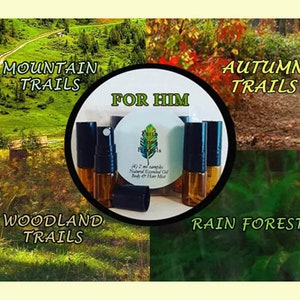 May include: Four small bottles of essential oil body and hair mist with a white label that says "Earth Trails" and "(4) 2 ml samples Natural Essential Oil Body & Hair Mist". The bottles are arranged in a circle on a white background. The background is divided into four sections, each with a different nature scene: mountain trails, autumn trails, woodland trails, and rain forest.