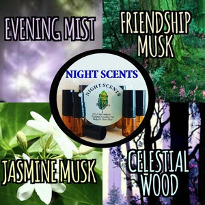 May include: Four small brown glass bottles with black caps and a white label that reads "NIGHT SCENTS" and "(4) 2 ml samples Natural Essential Oil Body & Hair Mist". The bottles are arranged in a circle on a white background. The image is divided into four sections, each with a different image and text. The top left section shows a purple and white cloudy sky with the text "EVENING MIST". The top right section shows a green forest with the text "FRIENDSHIP MUSK". The bottom left section shows a white flower with green leaves and the text "JASMINEMUSK". The bottom right section shows a forest with the text "CELESTIAL WOOD".