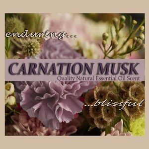 May include: A bouquet of pink and white flowers with the text "enduring... CARNATION MUSK Quality Natural Essential Oil Scent ...blissful" on a purple banner.