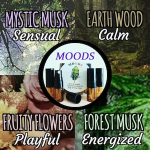 May include: Four small amber glass bottles with black spray tops and a white label that reads "MOODS Earth on Herbs" (4) 2 ml sampler Natural Essential Oil Body & Hair Mist. The bottles are arranged in a circle on a white background. The image is divided into four quadrants, each with a different background image and text. The top left quadrant shows a purple background with the text "MYSTIC MUSK Sensual". The top right quadrant shows a green background with the text "EARTH WOOD Calm". The bottom left quadrant shows a brown background with the text "FRUITY FLOWERS Playful". The bottom right quadrant shows a green background with the text "FOREST MUSK Energized".