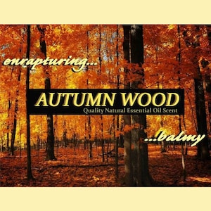 May include: A fall-themed essential oil scent with the text "enrapturing... AUTUMN WOOD Quality Natural Essential Oil Scent ...balmy" on a black background. The background image is a forest with trees with orange and yellow leaves.