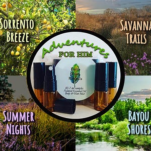 May include: Four small glass bottles with black caps and brown liquid inside. The bottles are arranged in a circle around a white label that says "Adventures for Him". The background is a collage of four different nature scenes: a lemon tree, a grassy field, a purple flower field, and a river.