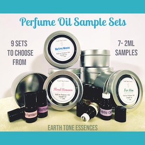 May include: An image of perfume oil sample sets. The image shows small silver tins and black bottles. The tins are labelled with names like "Retro Wave", "Floral Romance", and "For Him". The text reads "9 sets to choose from" and "7-2ml samples".