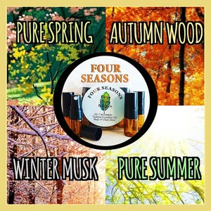 May include: Four small bottles of essential oil blends labelled "Pure Spring", "Autumn Wood", "Winter Musk", and "Pure Summer". The bottles are arranged in a square with a background of images representing each season.