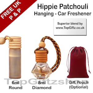 May include: Image of car air fresheners with the text "Hippie Patchouli Hanging - Car Freshener". The image shows a round 6ml bottle, a diamond-shaped 8ml bottle, and a red gift pouch.