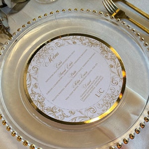 Tarjeta de menú, Tarjetas de menú de boda redondas, Menú de boda, Tarjeta de menú circular
