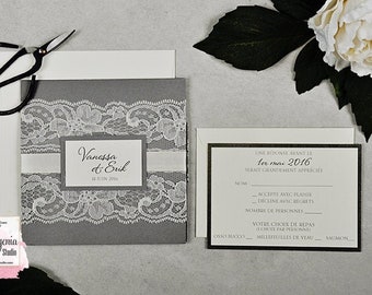 Invitación de encaje de lujo, Clásica, Invitación de boda, Invitación de boda de bolsillo, Invitación de carbón, Invitación de boda romántica