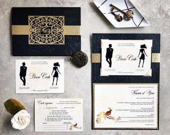 Black and Gold Wedding Invitation, Embossed Wedding Invitation, Pocket Wedding Invitation, Laser Cut Belly Band, Wedding Invites