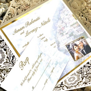 Invitation de mariage découpée au laser, invitation de destination, thème de voyage, invitation de mariage photo, ivoire et or
