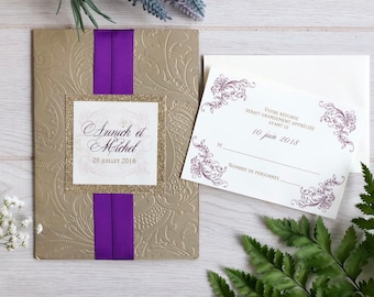 Invitación de lujo en relieve, clásico, invitación de boda, inviación de diseño barroco, invitación en relieve, oro y púrpura