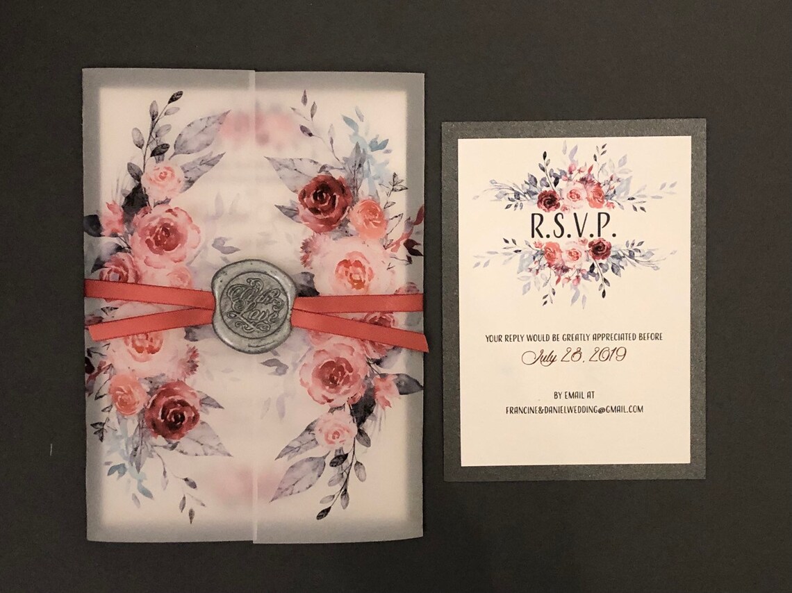 Floral Wedding Invitation Vellum Wrap Invitation With Ribbon Etsy