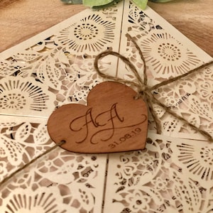 Rustic Wedding Invitation, Laser Cut Wedding Invitation, Ivory and Kraft Invitation with Engraved wood Heart image 4