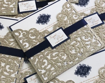 Laser Cut Pocket Invitation, Wedding Invitation, Gold and Navy Wedding Invitation, Wedding Invites