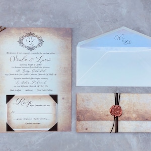 Deckled edge wedding invitation, Vintage wedding invitation, Wedding Invite with wax seal