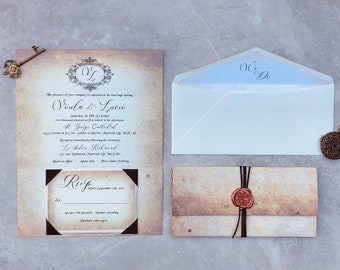 Invitación de boda de borde adornado, Invitación de boda vintage, Invitación de boda con sello de cera