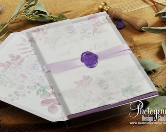Vellum Wrap Wedding Invitation Set con sello de cera, invitación de boda floral, lila y púrpura