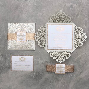Laser cut wedding invitation, Luxurious rose gold Invitation, Rose gold hot stamped laser cut Invitation