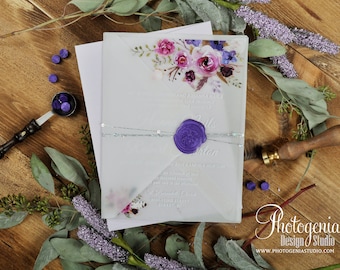 Invitación de boda de acrílico personalizada, invitaciones de acrílico, invitación de acrílico, invitación de boda de Vellum, invitación de sello de cera, boda de jardín,