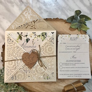 Rustic Wedding Invitation, Laser Cut Wedding Invitation, Ivory and Kraft Invitation with Engraved wood Heart image 1