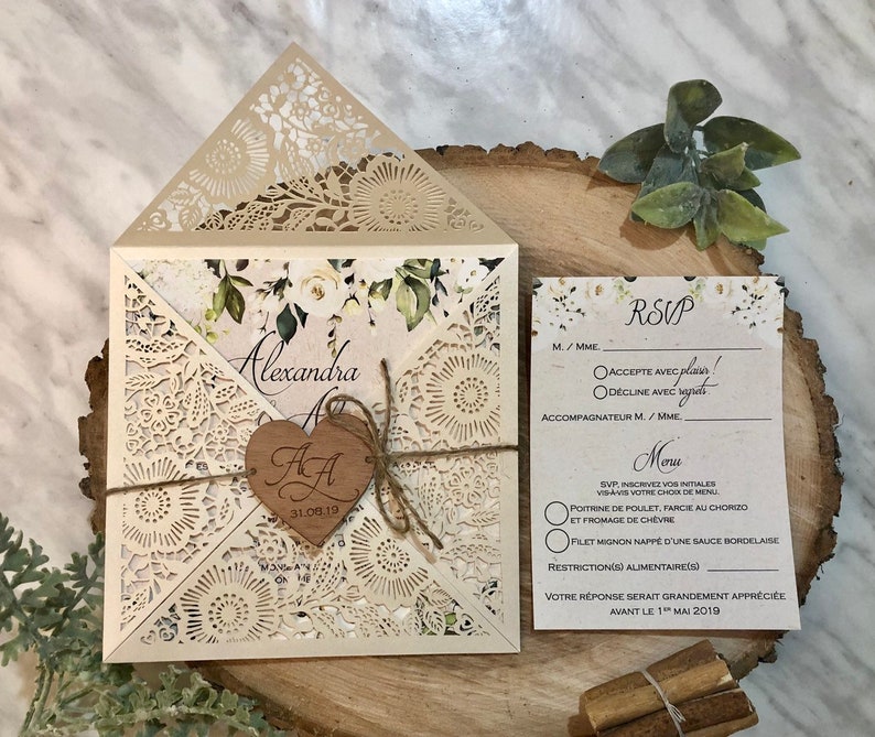 Rustic Wedding Invitation, Laser Cut Wedding Invitation, Ivory and Kraft Invitation with Engraved wood Heart image 1