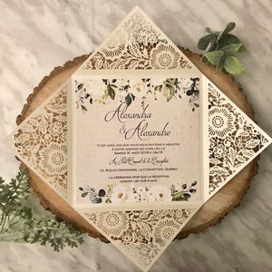 Rustic Wedding Invitation, Laser Cut Wedding Invitation, Ivory and Kraft Invitation with Engraved wood Heart image 6