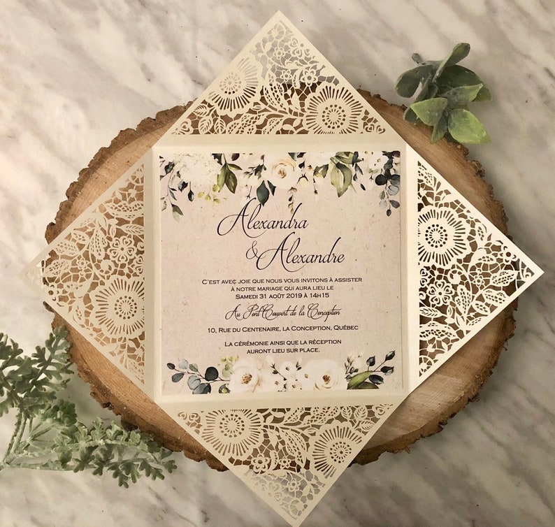 Rustic Wedding Invitation, Laser Cut Wedding Invitation, Ivory and Kraft Invitation with Engraved wood Heart image 6