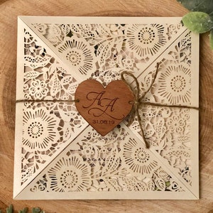 Rustic Wedding Invitation, Laser Cut Wedding Invitation, Ivory and Kraft Invitation with Engraved wood Heart image 5