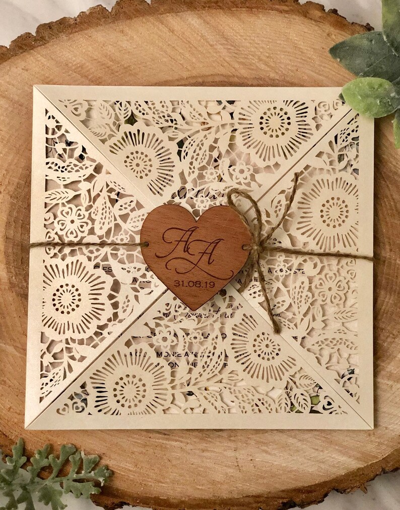 Rustic Wedding Invitation, Laser Cut Wedding Invitation, Ivory and Kraft Invitation with Engraved wood Heart image 5