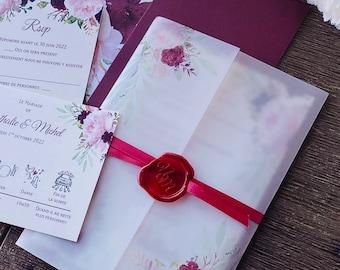 Invitaciones de boda en vitela • Invitaciones de boda con temática de jardín • Sello de cera • Invitación de boda