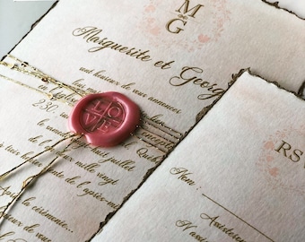 Deckled Edge Wedding invitation, Handmade Invitation, Custom Invitation, Wedding Stationery, Wax seal, Glitter ribbon, Made to Order