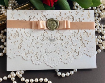 Laser Cut Pocket Fold Wedding Invitation, Invitation Card, Wedding Invitation, Ivory and Gold, Gold Wax Seal