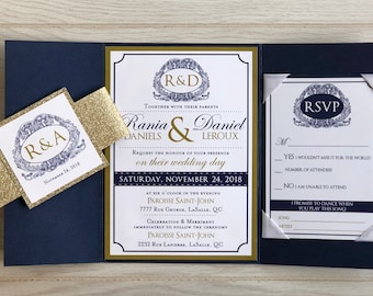Invitación de boda azul marino y oro, Invitación de boda de bolsillo, Invitación de banda de vientre brillante, Invitación moderna